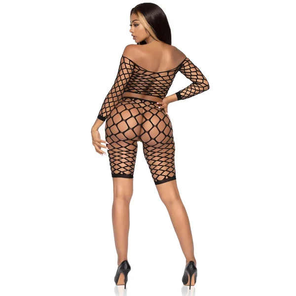 2 Pc Net Crop Top and Bike Shorts - One Size - Black
