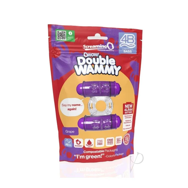 4B Double Wammy Silicone Dual Vibrating Couples Cock Ring - Grape