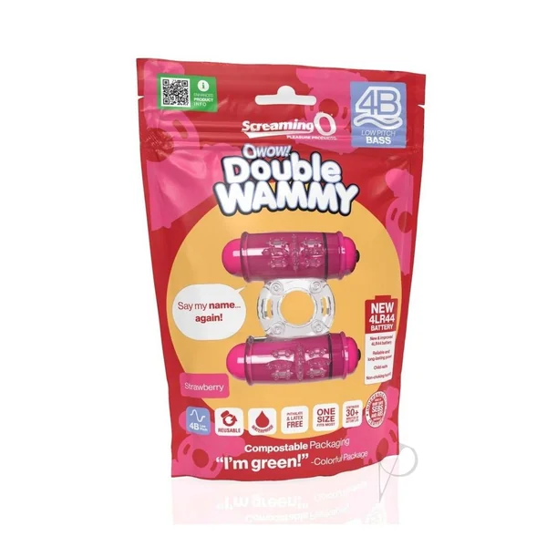 4B Double Wammy Silicone Dual Vibrating Couples Cock Ring - Strawberry