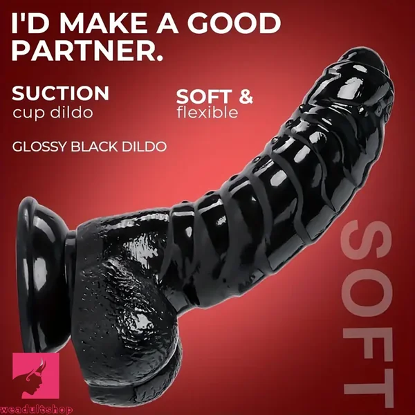 6.88in Glossy Black Monster Penis PVC Uncut Prostate Toy Wave Texture