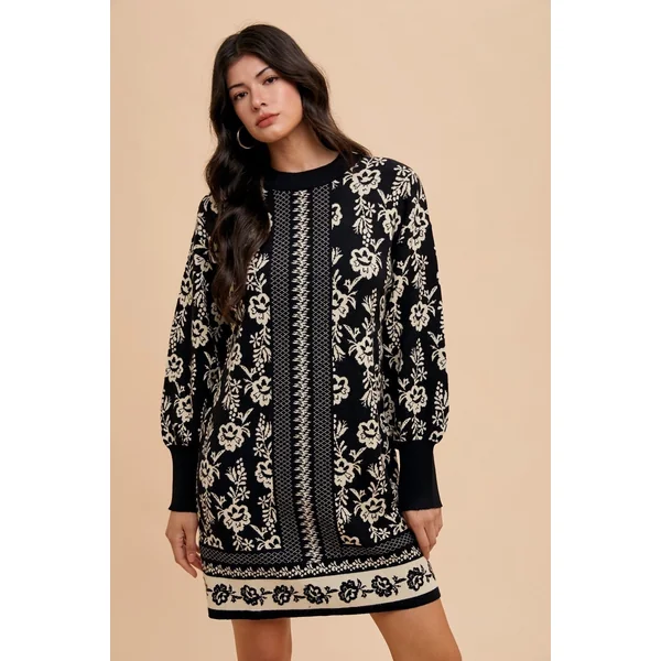 Annie Wear Floral Jacquard Round Neck Sweater Dress