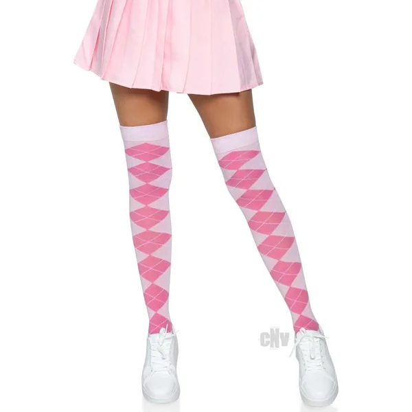 Argyle Knit Over The Knee Socks Os Pink