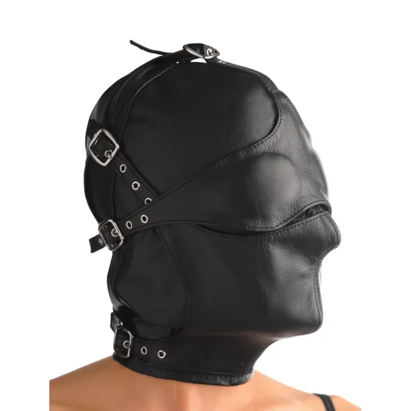 Asylum Leather Hood with Removable Blindfold and Muzzle