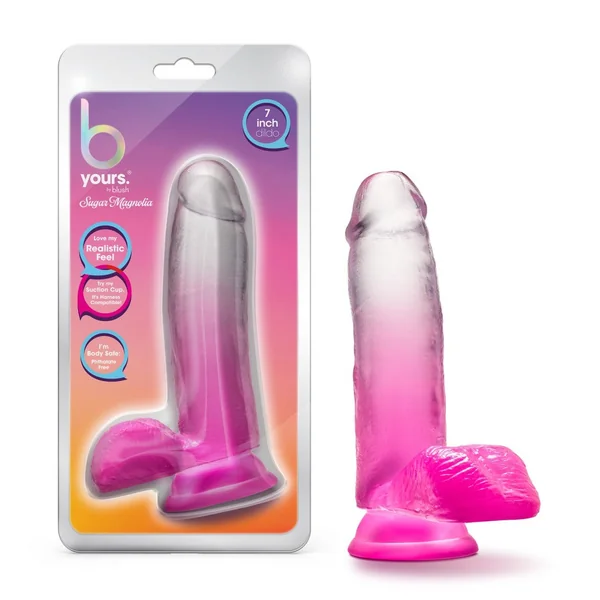 B Yours By Blush® | Sugar Magnolia Realistic Fuchsia 6.75-Inch Long Dildo With Balls & Suction Cup Base