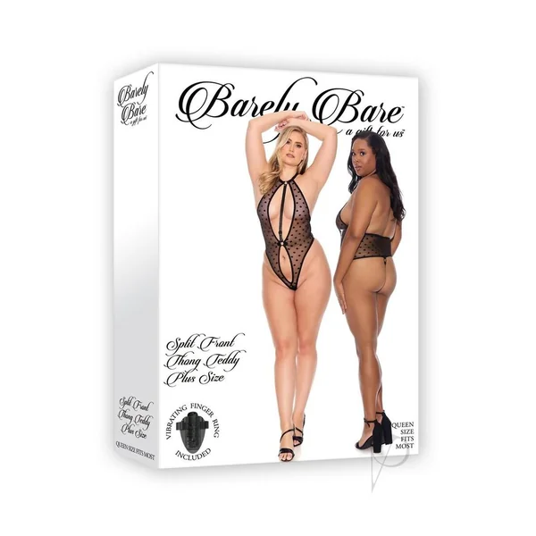 Barely Bare Split Front Thong Teddy - Plus Size - Black