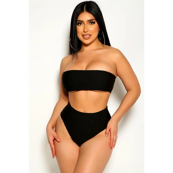 Black Bandeau High Waist Two Piece Swimsuit