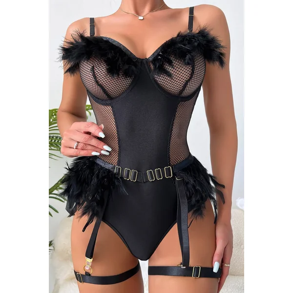 Black Netted Mesh Feather Bodysuit Garter Belt Sexy 4Pc Lingerie Set