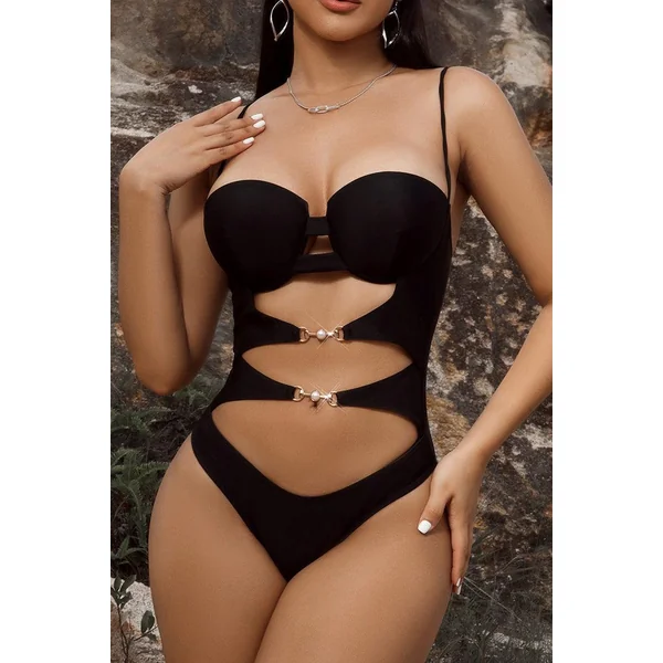 Black Padded Push-Up Cut-Out Designer Buckle 1Pc Swimsuit Monokini