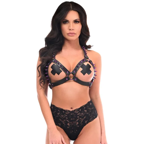 Black Vegan Leather & Purple Metallic Spikes Body Harness