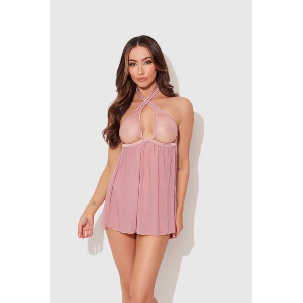 Blair Lace & Mesh Open Cup Babydoll & G-String Set Rose Pink