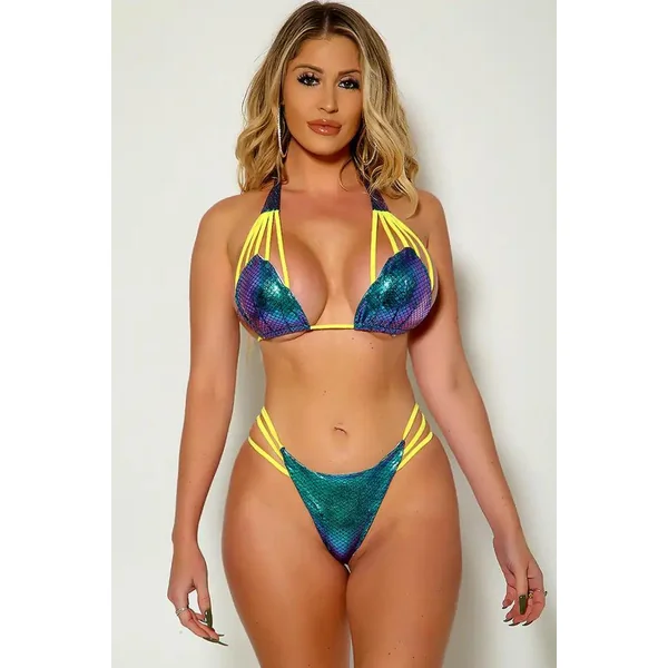 Blue Yellow Strappy Cheeky Two Piece Swimsuit