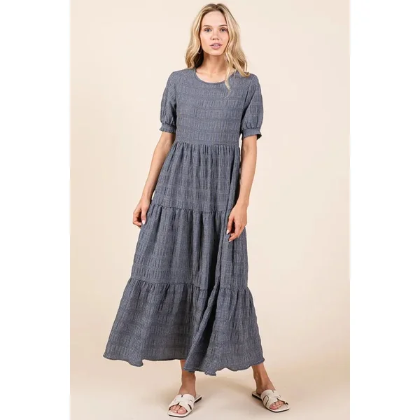 BOMBOM Textured Short Sleeve Tiered Dress