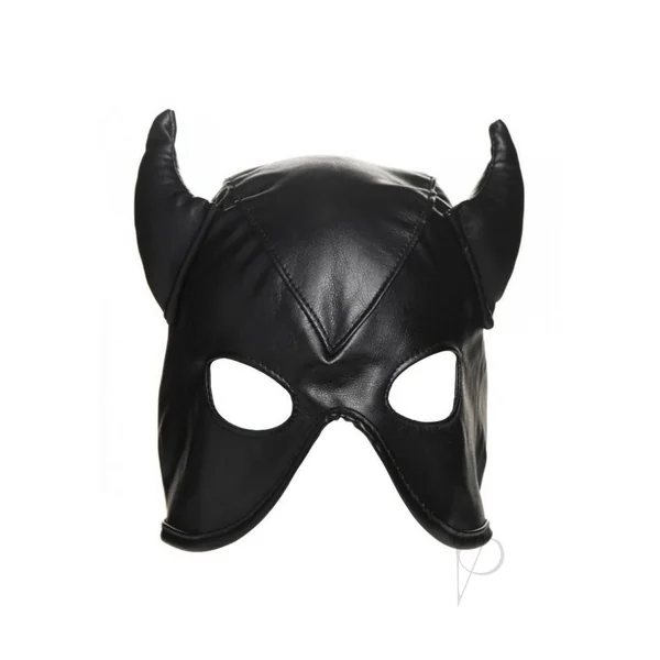 Bondage Dungeon Demon PU Faux Leather Corset-Style Kinky Sex Hood with Horns