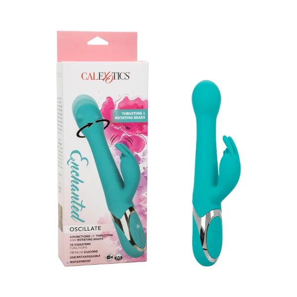 CalExotics Enchanted Oscillate Teal Dual Stimulator with Thrusting and Rotating Beads, 12 Vibration Functions, Rechargeable, Waterproof Silicone, 8.5 Inches