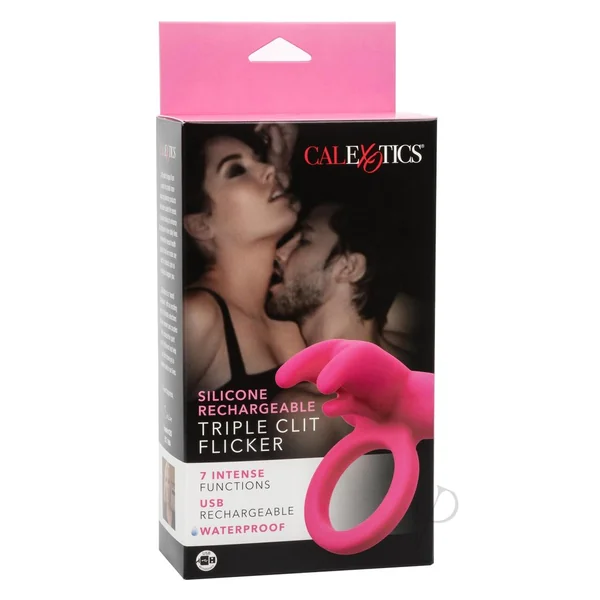 CalExotics Silicone Rechargeable Triple Clit Flicker Cock Ring - Pink