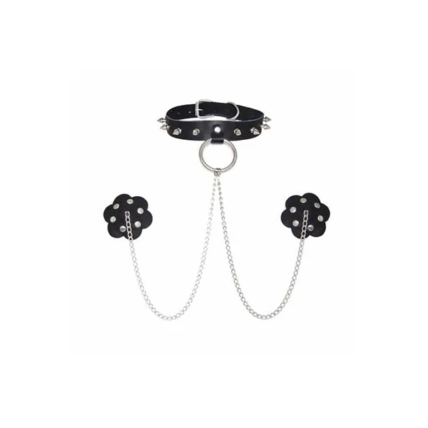 Chain Leather Neck Choker With Silicone Pasties