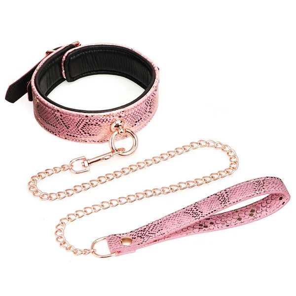 Collar and Leash in Microfiber & Leather - Pink Snakeskin Print & Rose Gold