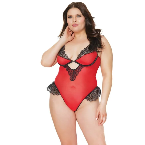 Coquette - 21322 Plus - Crotchless Teddy - Red/Black - OS/XL