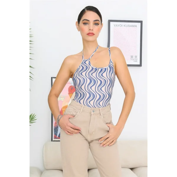 Cream & Blue Wave Print Mesh Asymmetrical Neck Self-tie Strap Bodysuit