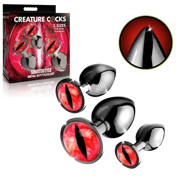Creature Cock Sinister Red Eye Probe Tapered Tip Metal Fantasy Butt Plug Set For Beginners