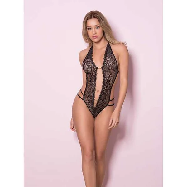 Crotchless Lace Teddy w/Rhinestone Detail Black O/S