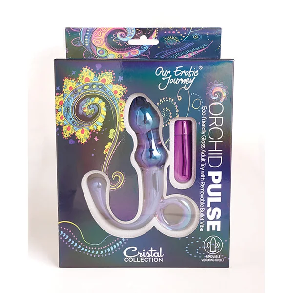 Crsital Orchard Pulse Glass Dildo w/Removable Bullet Vibe - Purple