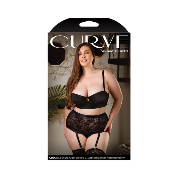 Curve Chloe Keyhole Contour Bra & Gartered High Waisted Panty Black 3X/4X