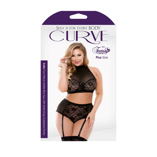 Curve Katia Halter Bra w/Gartered Panties Black 3X/4X
