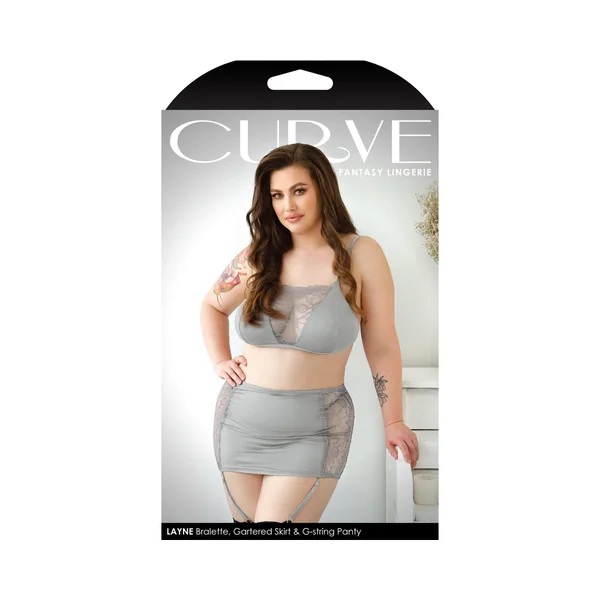 Curve Layne Lace Panel Bralette, Matching Gartered Skirt & G-string Panty 3x/4x Gray