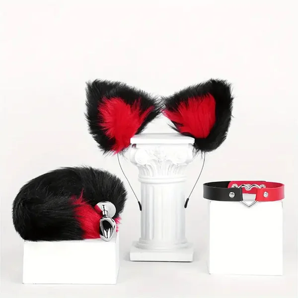 Cute Fox Tail Plug Tail With Small Butt Plug Cat Ears Collar Metal Anal Toy