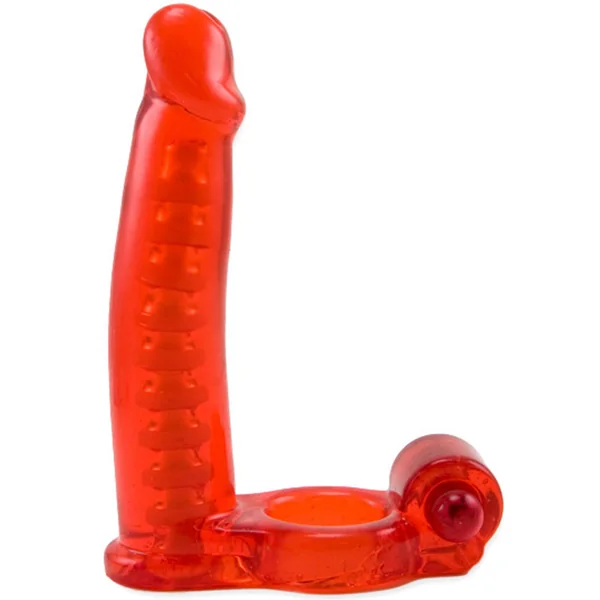 Double Penetrator Vibrating Cock Ring with Bendable Dildo – Red