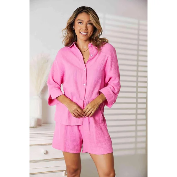 Double Take Textured Shirt and Elastic Waist Shorts Set