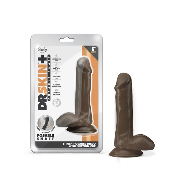 Dr. Skin Plus By Blush® | Realistic Chocolate 6.5-Inch Long Soft Yet Erect & Posable Dildo With Balls & Suction Cup Base