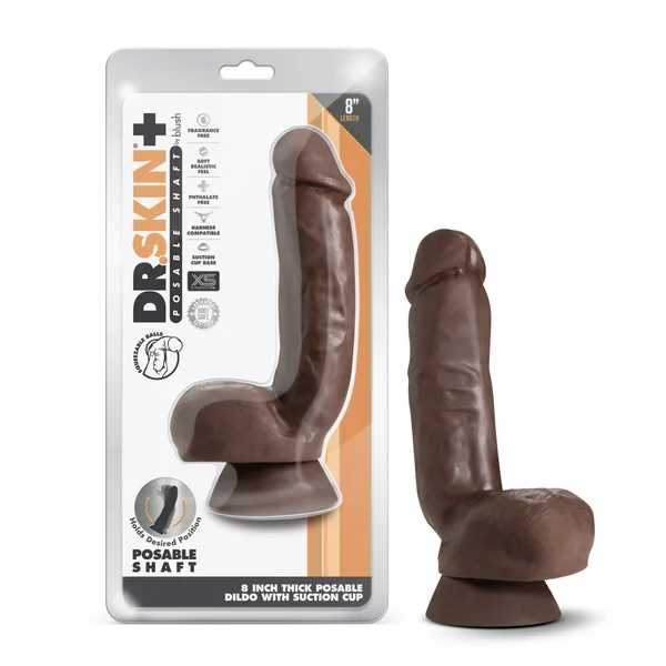 Dr. Skin Plus By Blush® | Realistic Chocolate 8.5-Inch Long Soft Yet Erect & Posable Dildo With Balls & Suction Cup Base