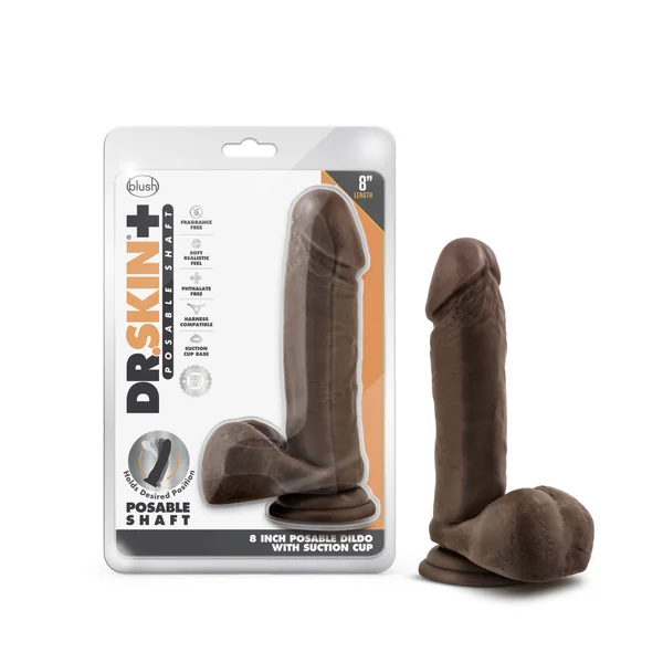 Dr. Skin Plus By Blush® | Realistic Chocolate 8-Inch Long Soft Yet Erect & Posable Dildo With Balls & Suction Cup Base