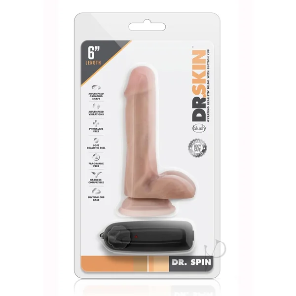 Dr. Skin Silver Collection Dr. Spin Gyrating Dildo with Suction Cup and Remote Control 6in - Vanilla