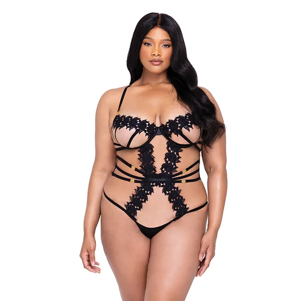 Ebony Rose Floral Guipure Lace Trim Teddy Black 2X