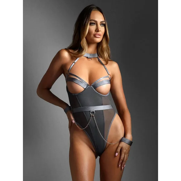 Edge Halter Open Cups Teddy with Wrist Restraints Gray
