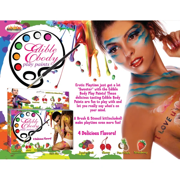 Edible Body Paints - 4 Flavors with Paintbrush & Stencil