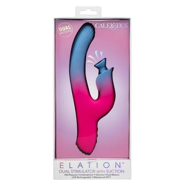 Elation Rechargeable Silicone Rabbit Vibrator with Suction - Blue/Pink