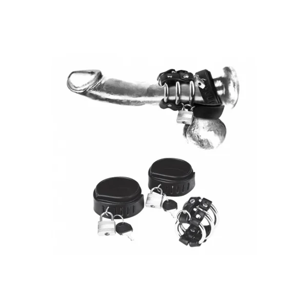 Electric Eel - Blue Line - Locking Ball Stretcher, Cock Ring & Three-Ring Cock Cage - Black