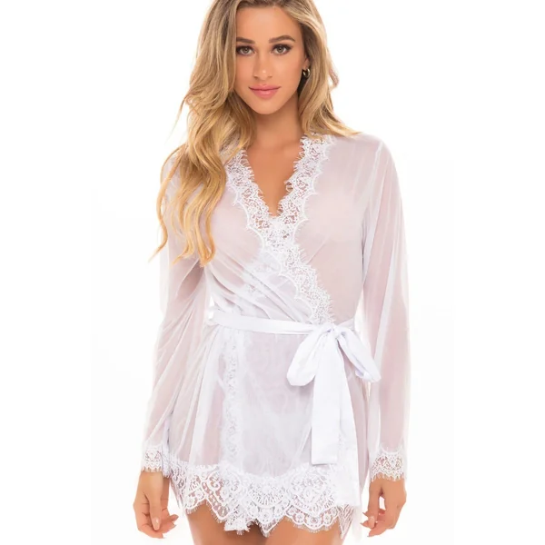 Eyelash Lace Robe With Satin Sash + G-String