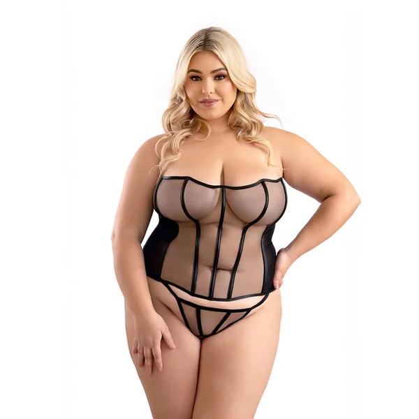 Fantasy Lingerie Leatherette Binding Mesh Corset with Matching G-String Panty 2XL