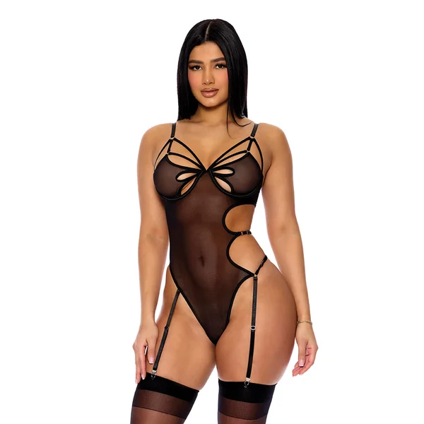 Feeling Butterflies Mesh Teddy w/Garters - Black LG