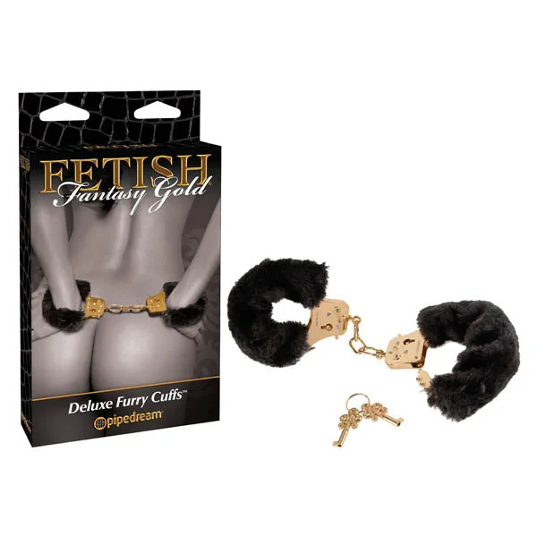Fetish Fantasy Gold Deluxe Furry Cuffs Black Gold Furry Restraints