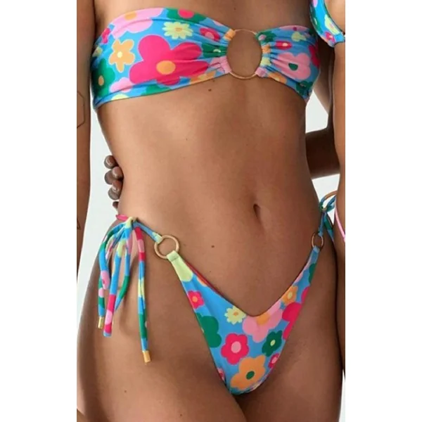Floral Multi O-Ring Accent Bandeau Two Piece Swimsuit