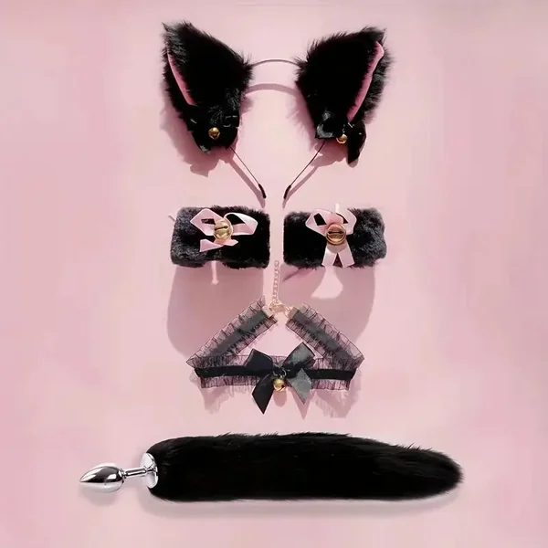 Fox Tail Butt Plug Handcuff Plush Cat Ear Headband With Bells Necklace Set