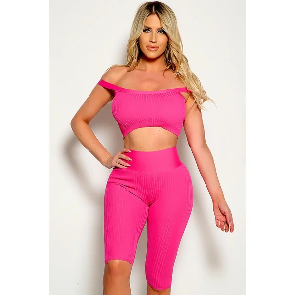 Fuchsia Ribbed Short Sleeve Two Piece Outfit