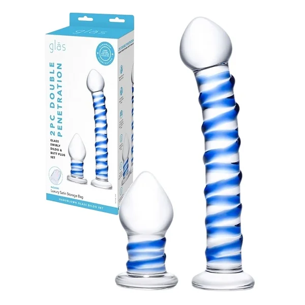 Glas 2pc Double Penetration Glass Swirly Dildo & Butt Plug Set