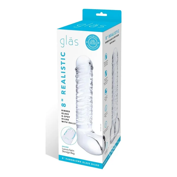 Glas 8" Realistic Ribbed Glass G-Spot Dildo with Balls